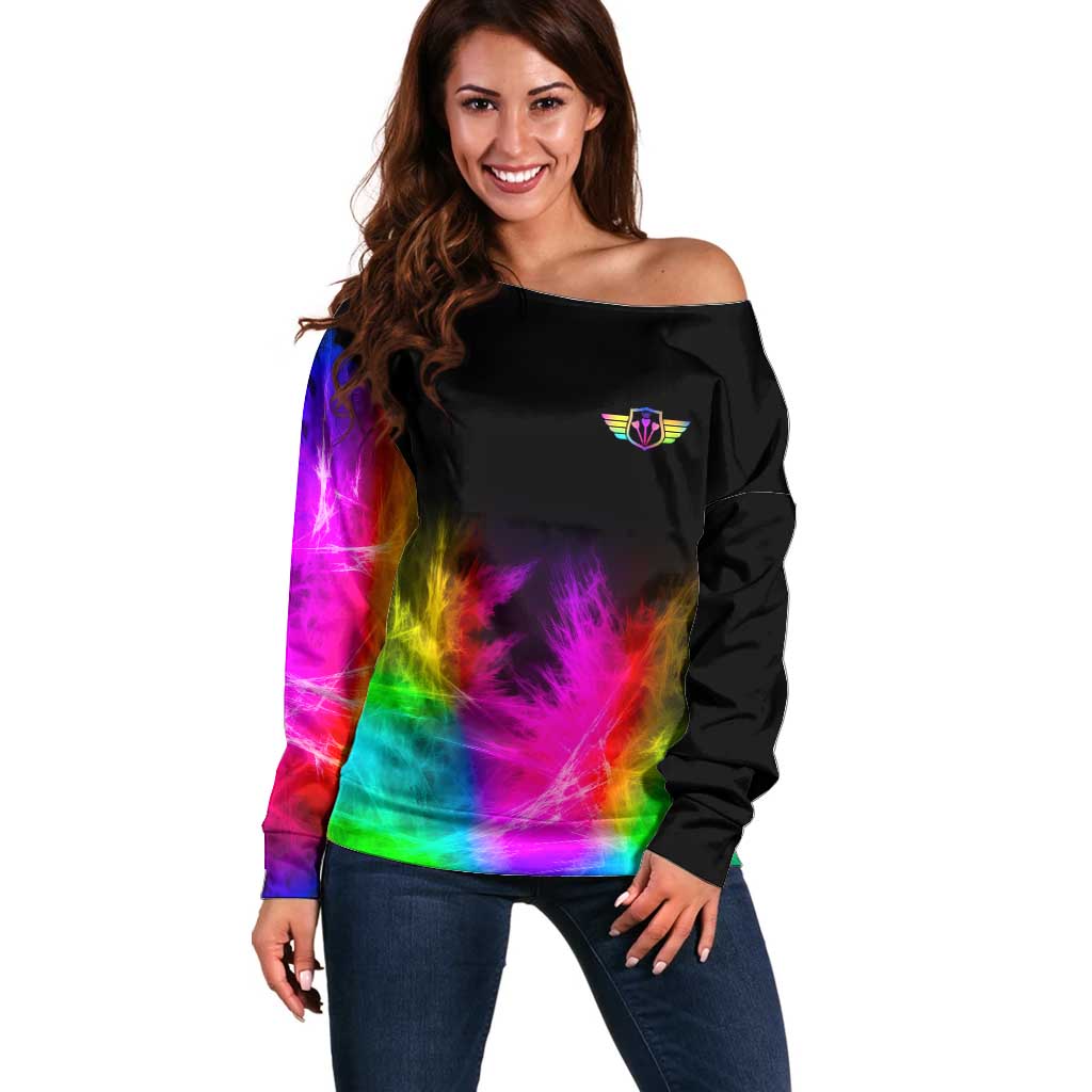 Personalized Colorful Neon Darts Off Shoulder Sweater with Bold Abstract Background - Wonder Print Shop