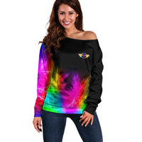 Personalized Colorful Neon Darts Off Shoulder Sweater with Bold Abstract Background - Wonder Print Shop