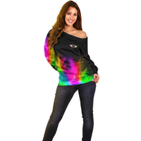 Personalized Colorful Neon Darts Off Shoulder Sweater with Bold Abstract Background - Wonder Print Shop