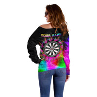 Personalized Colorful Neon Darts Off Shoulder Sweater with Bold Abstract Background - Wonder Print Shop