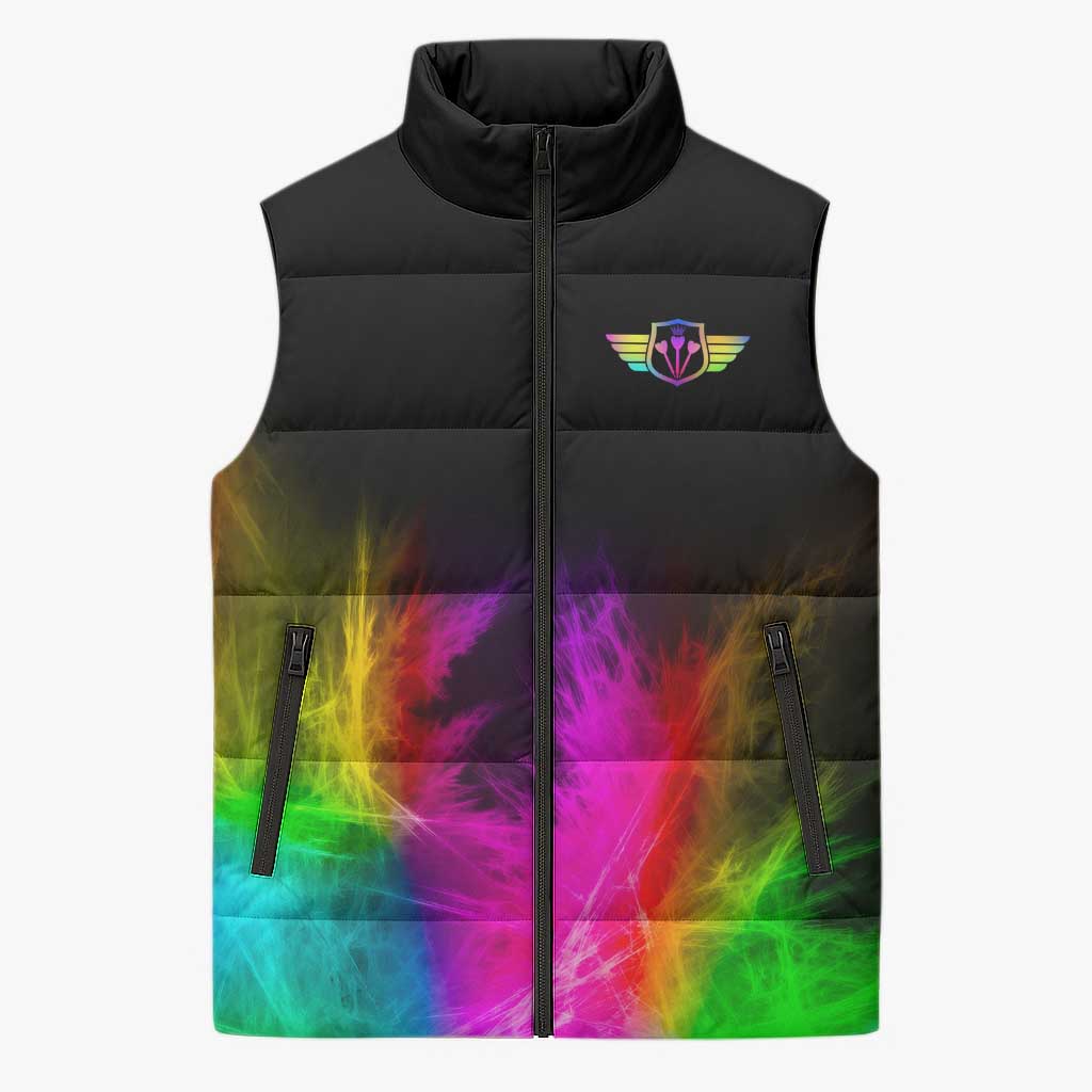 Personalized Colorful Neon Darts Sleeveless Puffer Jacket with Bold Abstract Background - Wonder Print Shop