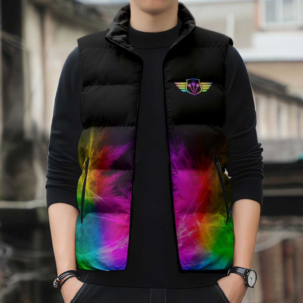 Personalized Colorful Neon Darts Sleeveless Puffer Jacket with Bold Abstract Background - Wonder Print Shop