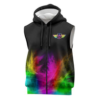 Personalized Colorful Neon Darts Sleeveless Zip Hoodie with Bold Abstract Background - Wonder Print Shop