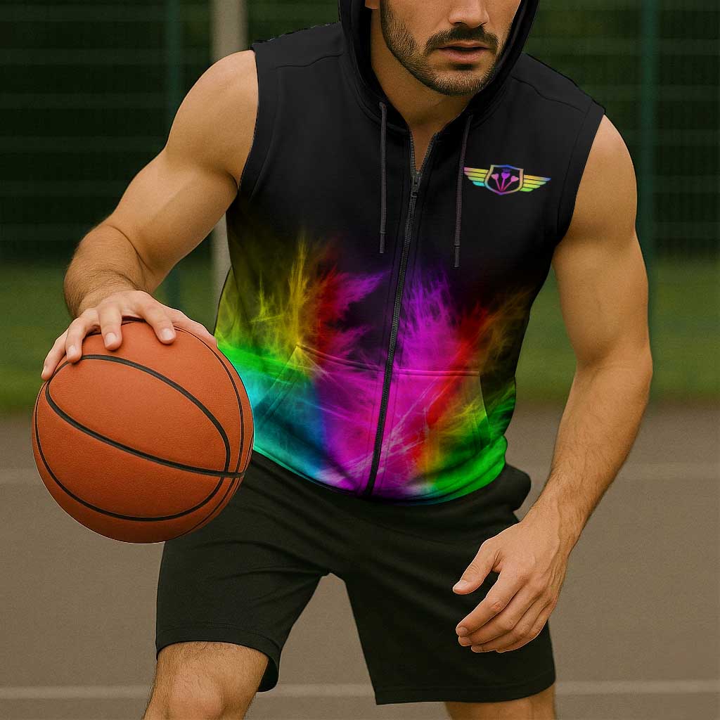Personalized Colorful Neon Darts Sleeveless Zip Hoodie with Bold Abstract Background - Wonder Print Shop