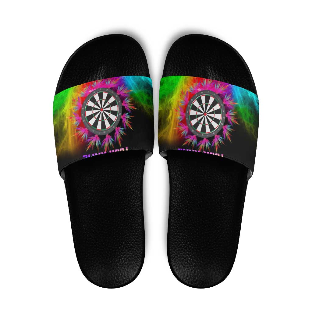 Personalized Colorful Neon Darts Slide Sandals with Bold Abstract Background - Wonder Print Shop