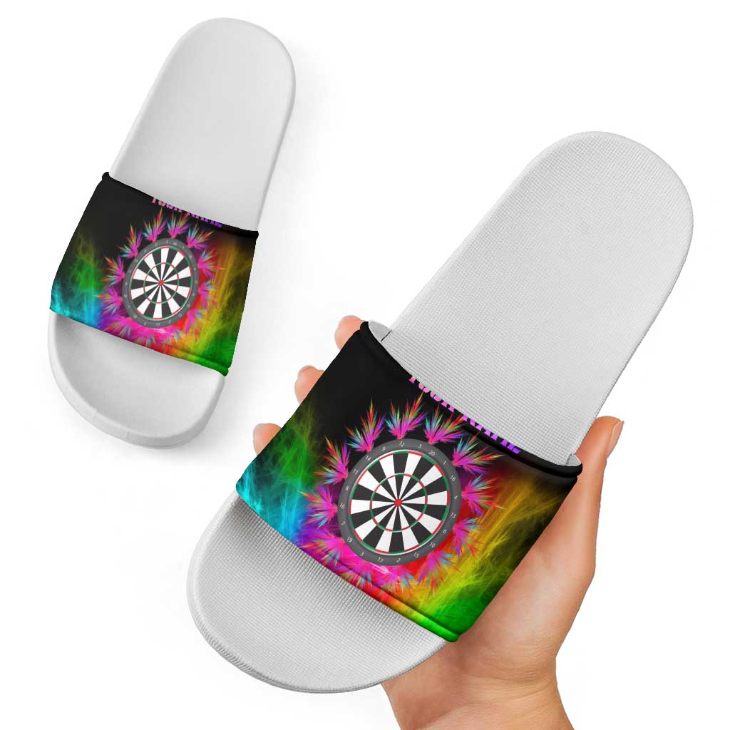 Personalized Colorful Neon Darts Slide Sandals with Bold Abstract Background - Wonder Print Shop