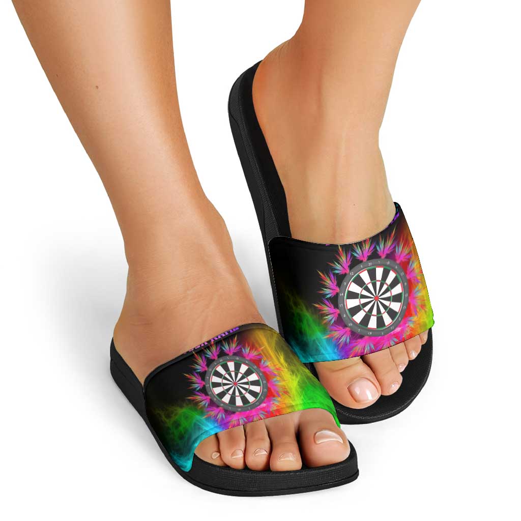 Personalized Colorful Neon Darts Slide Sandals with Bold Abstract Background - Wonder Print Shop