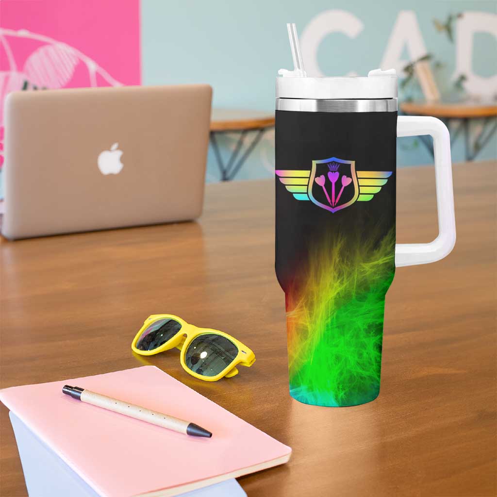 Personalized Colorful Neon Darts Tumbler With Handle with Bold Abstract Background - Wonder Print Shop