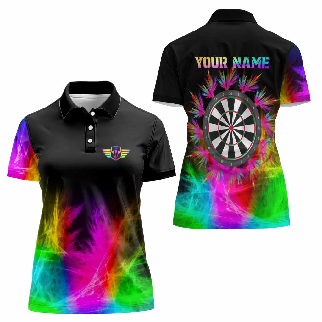 Personalized Colorful Neon Darts Women Polo Shirt with Bold Abstract Background - Wonder Print Shop