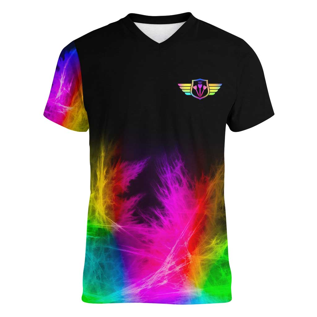 Personalized Colorful Neon Darts Women V-Neck T-Shirt with Bold Abstract Background - Wonder Print Shop