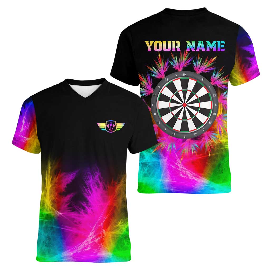 Personalized Colorful Neon Darts Women V-Neck T-Shirt with Bold Abstract Background - Wonder Print Shop