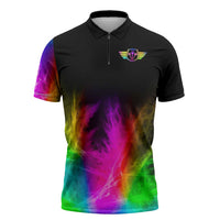 Personalized Colorful Neon Darts Zipper Polo Shirt with Bold Abstract Background - Wonder Print Shop