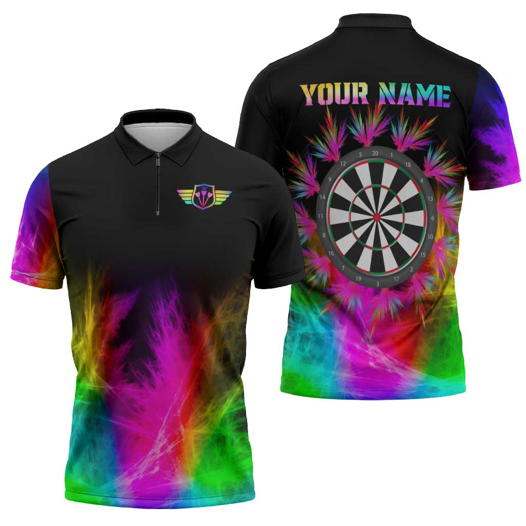 Personalized Colorful Neon Darts Zipper Polo Shirt with Bold Abstract Background - Wonder Print Shop