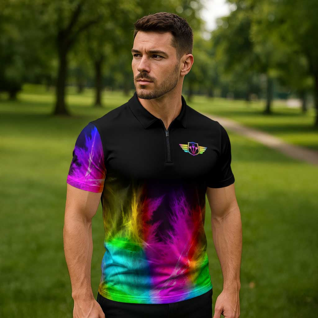 Personalized Colorful Neon Darts Zipper Polo Shirt with Bold Abstract Background - Wonder Print Shop