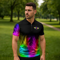 Personalized Colorful Neon Darts Zipper Polo Shirt with Bold Abstract Background - Wonder Print Shop