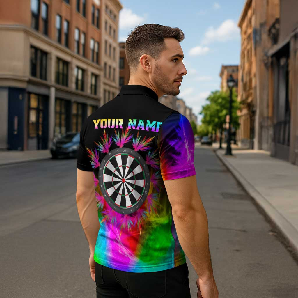 Personalized Colorful Neon Darts Zipper Polo Shirt with Bold Abstract Background - Wonder Print Shop