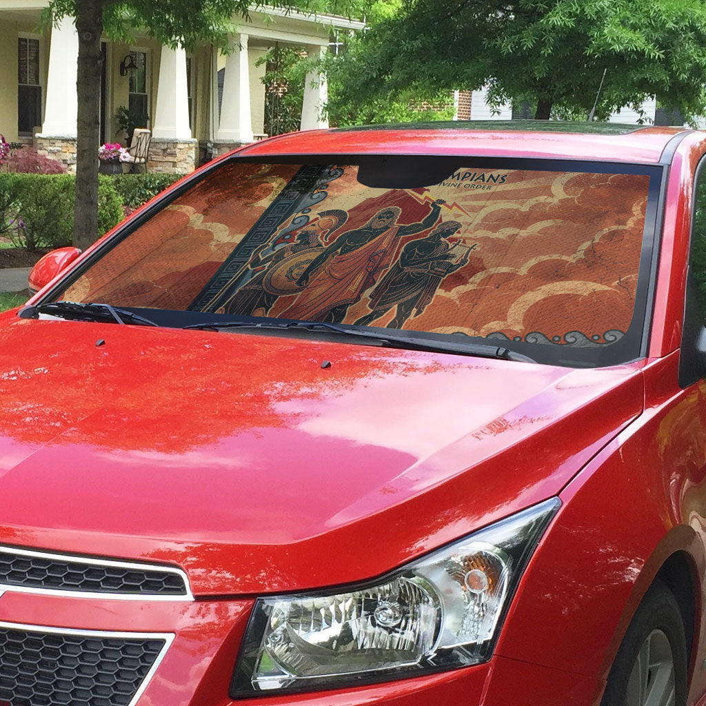 Twelve Olympians Auto Sun Shade Greek Gods Graphic With Greek Amphora Vase And Parthenon Art