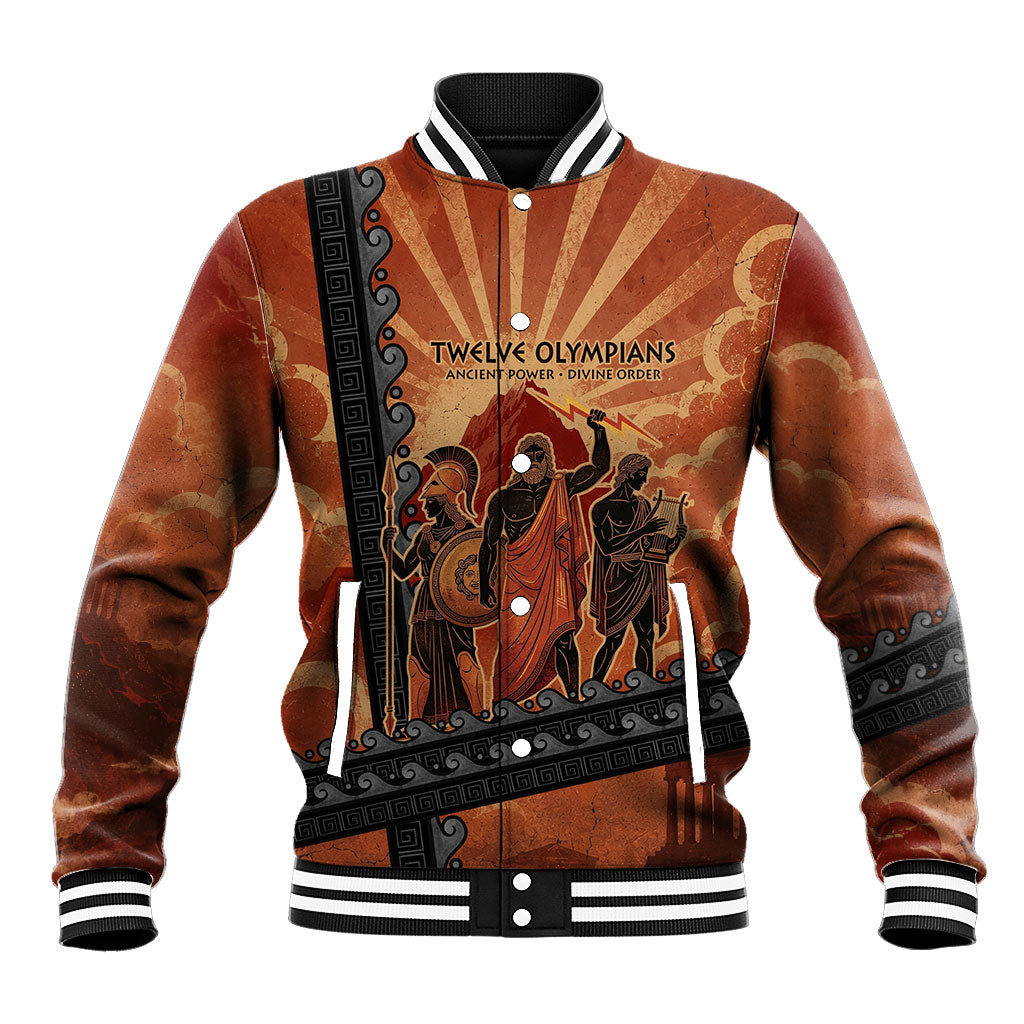 Twelve Olympians Baseball Jacket Greek Gods Graphic With Greek Amphora Vase And Parthenon Art