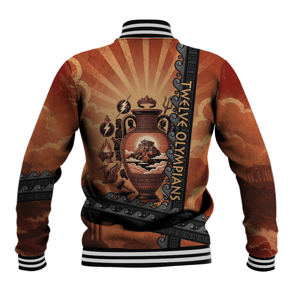 Twelve Olympians Baseball Jacket Greek Gods Graphic With Greek Amphora Vase And Parthenon Art