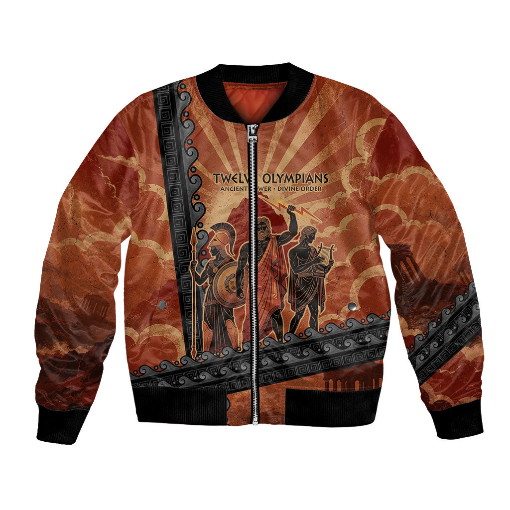Twelve Olympians Bomber Jacket Greek Gods Graphic With Greek Amphora Vase And Parthenon Art
