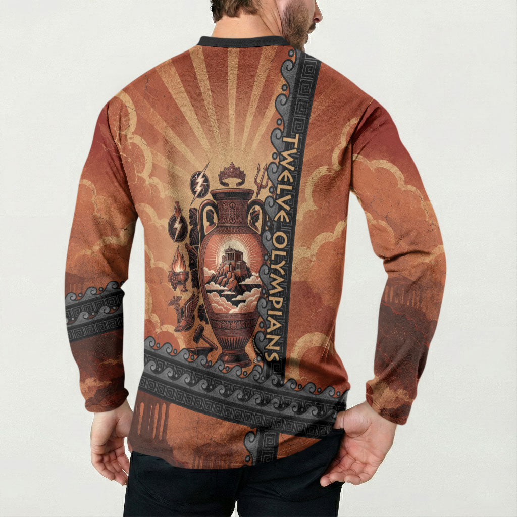 Twelve Olympians Button Sweatshirt Greek Gods Graphic With Greek Amphora Vase And Parthenon Art