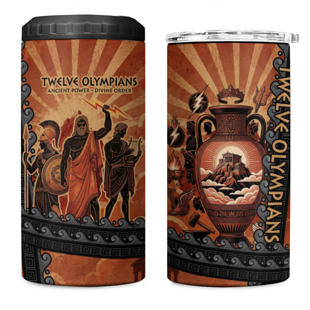 Twelve Olympians 4 in 1 Can Cooler Tumbler Greek Gods Graphic With Greek Amphora Vase And Parthenon Art