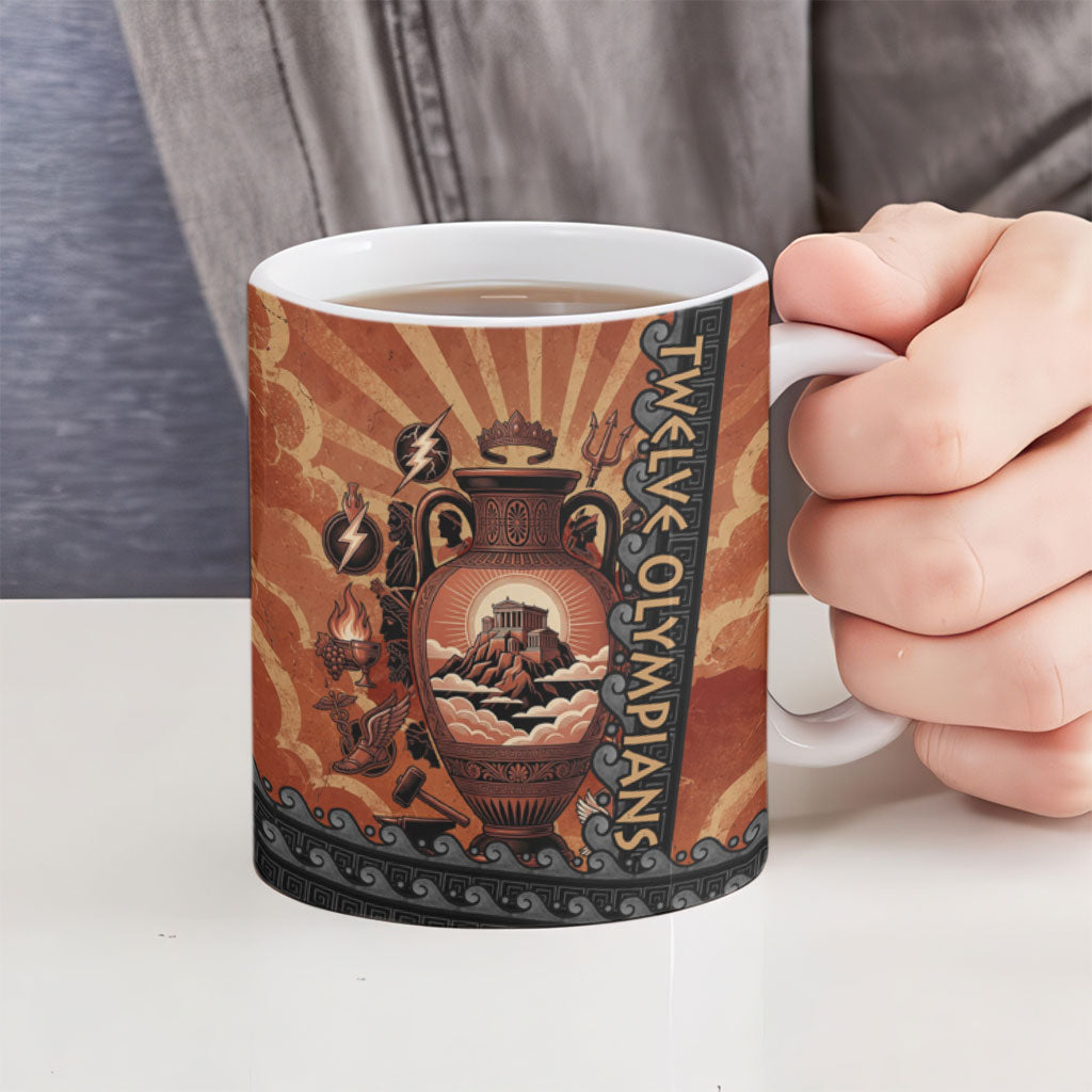 Twelve Olympians Ceramic Mug Greek Gods Graphic With Greek Amphora Vase And Parthenon Art