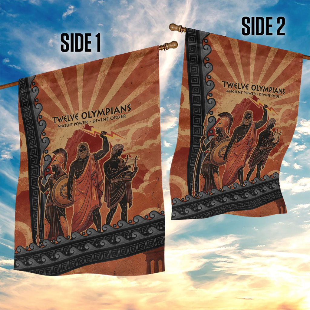Twelve Olympians Garden Flag Greek Gods Graphic With Greek Amphora Vase And Parthenon Art