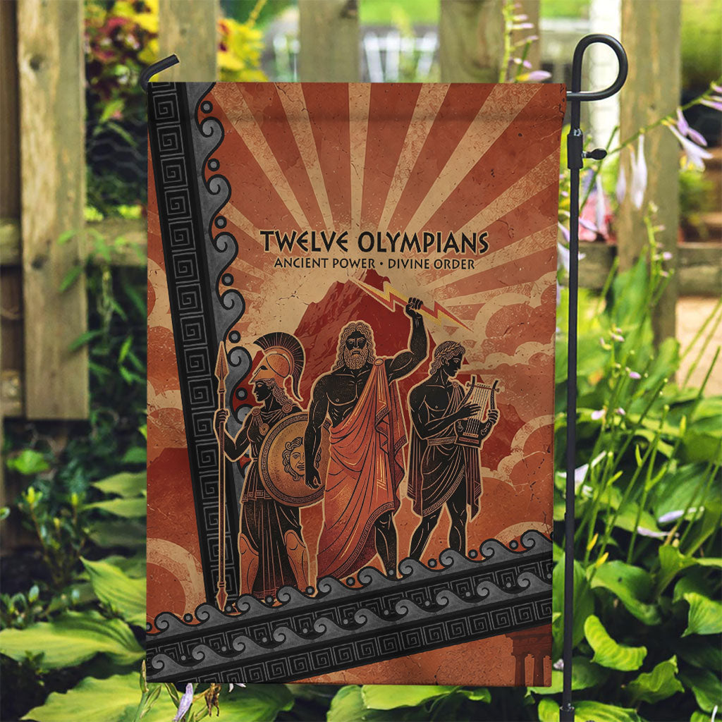Twelve Olympians Garden Flag Greek Gods Graphic With Greek Amphora Vase And Parthenon Art