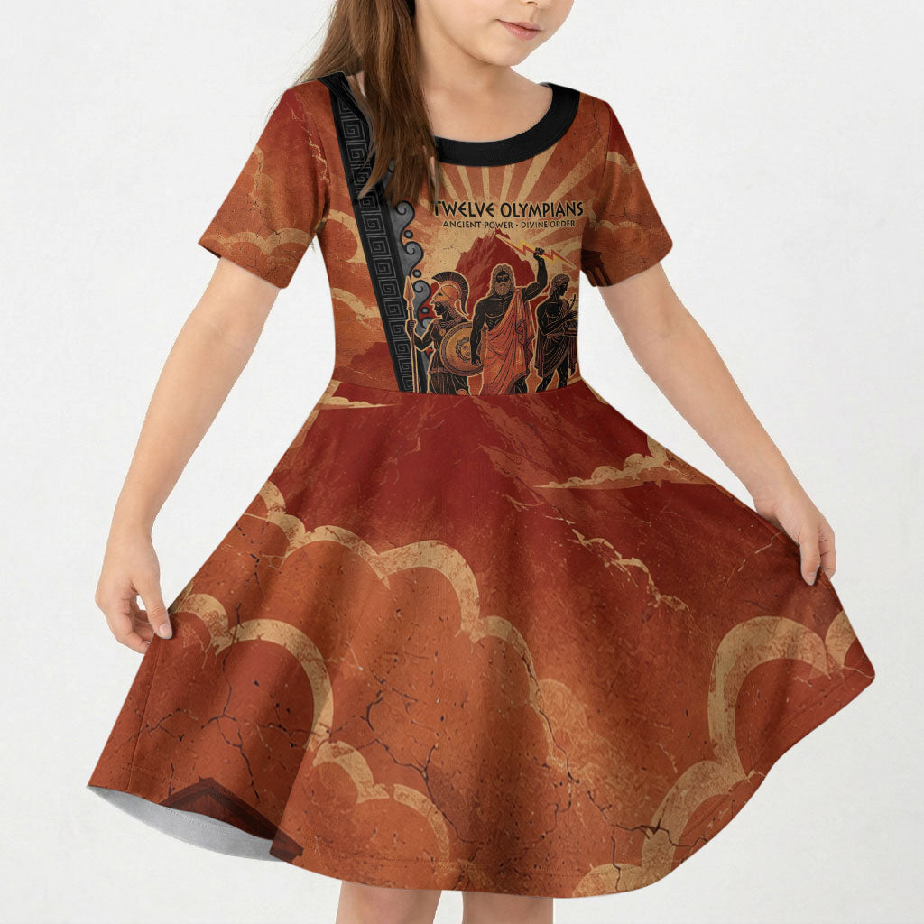 Twelve Olympians Kid Short Sleeve Dress Greek Gods Graphic With Greek Amphora Vase And Parthenon Art