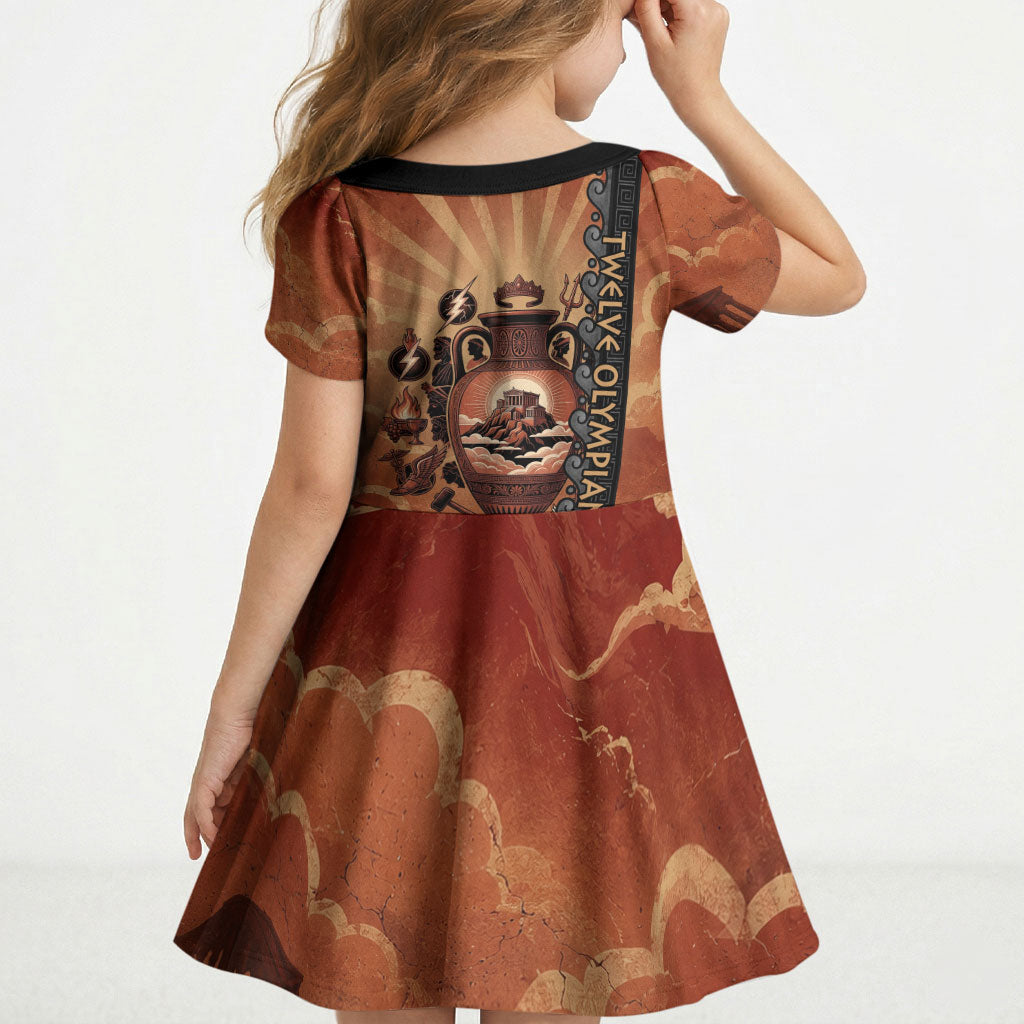 Twelve Olympians Kid Short Sleeve Dress Greek Gods Graphic With Greek Amphora Vase And Parthenon Art