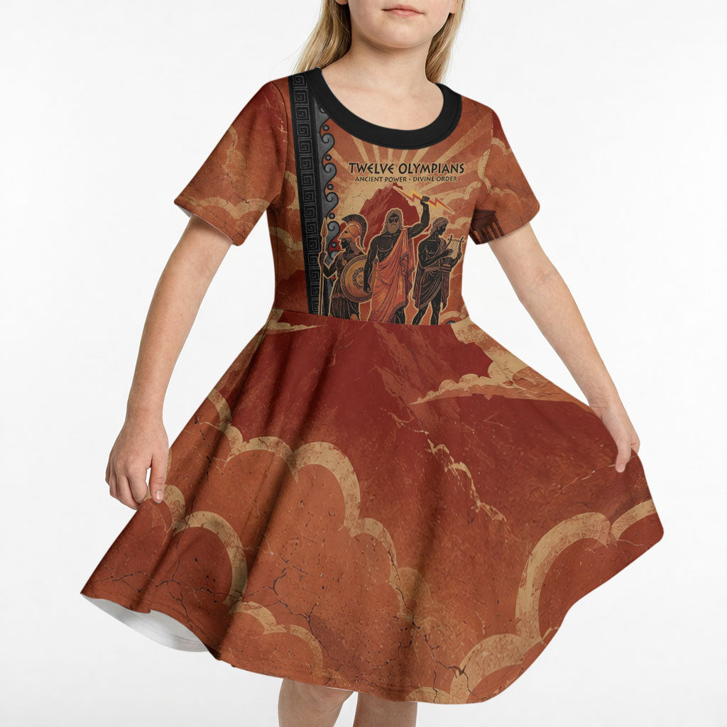 Twelve Olympians Kid Short Sleeve Dress Greek Gods Graphic With Greek Amphora Vase And Parthenon Art