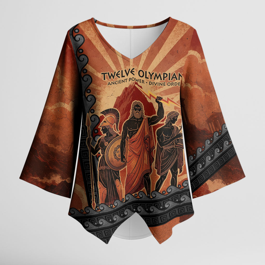 Twelve Olympians Kimono Sleeve Blouse Greek Gods Graphic With Greek Amphora Vase And Parthenon Art