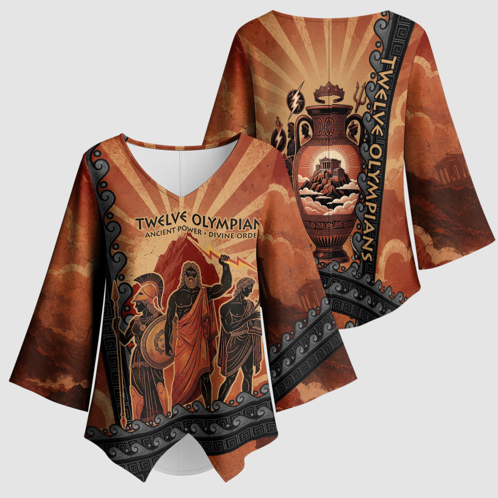 Twelve Olympians Kimono Sleeve Blouse Greek Gods Graphic With Greek Amphora Vase And Parthenon Art