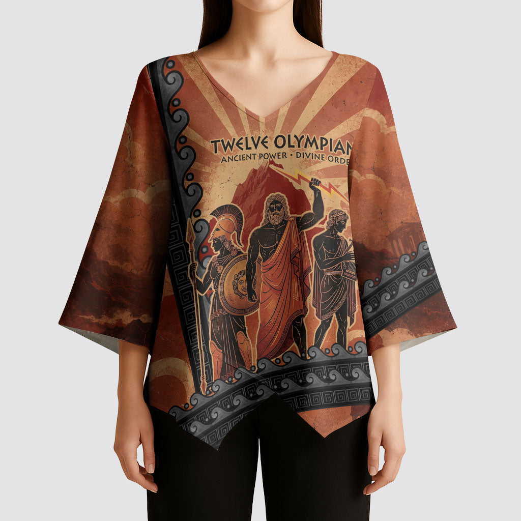 Twelve Olympians Kimono Sleeve Blouse Greek Gods Graphic With Greek Amphora Vase And Parthenon Art