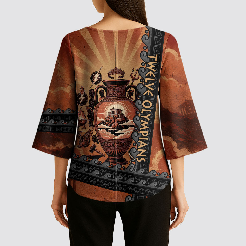 Twelve Olympians Kimono Sleeve Blouse Greek Gods Graphic With Greek Amphora Vase And Parthenon Art