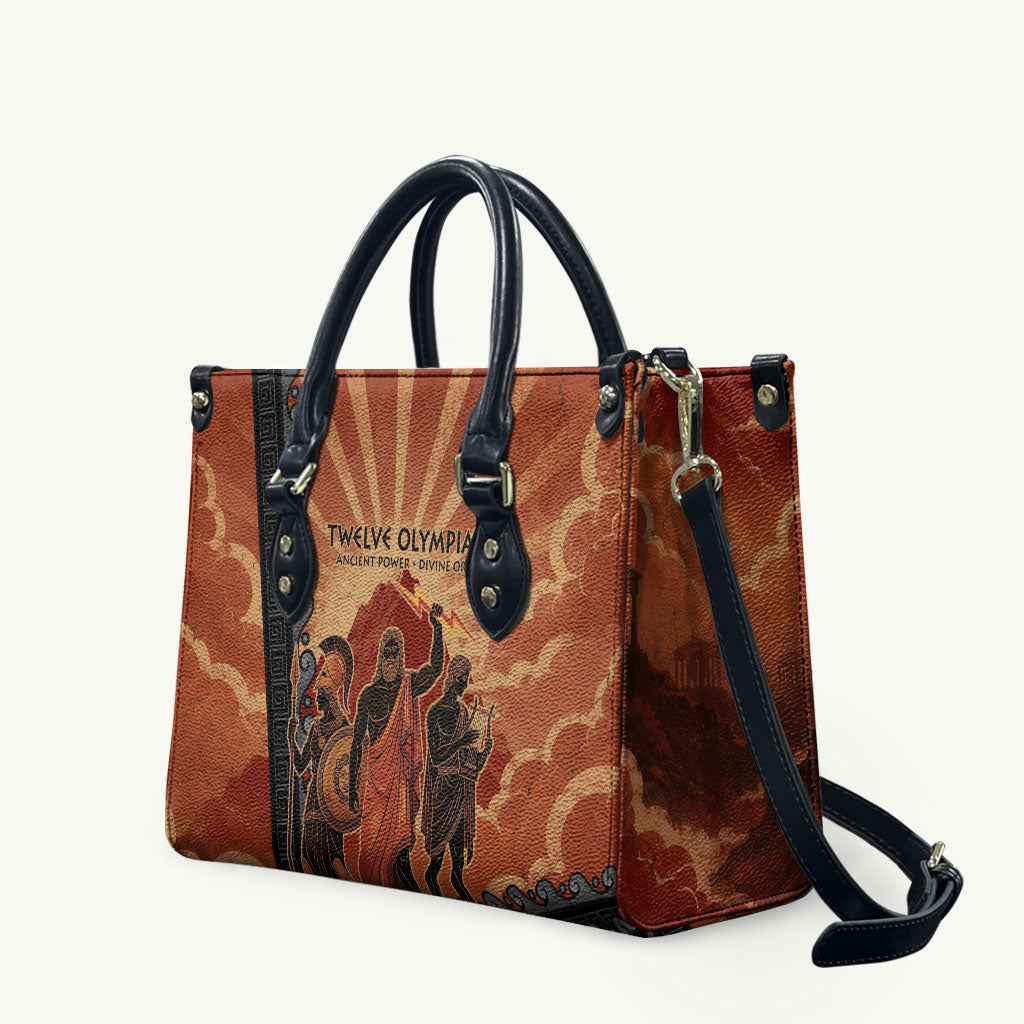 Twelve Olympians Leather Bag Greek Gods Graphic With Greek Amphora Vase And Parthenon Art