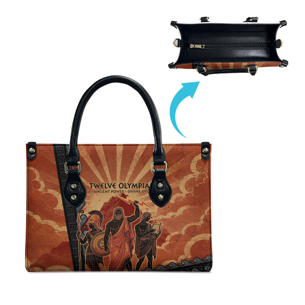 Twelve Olympians Leather Bag Greek Gods Graphic With Greek Amphora Vase And Parthenon Art