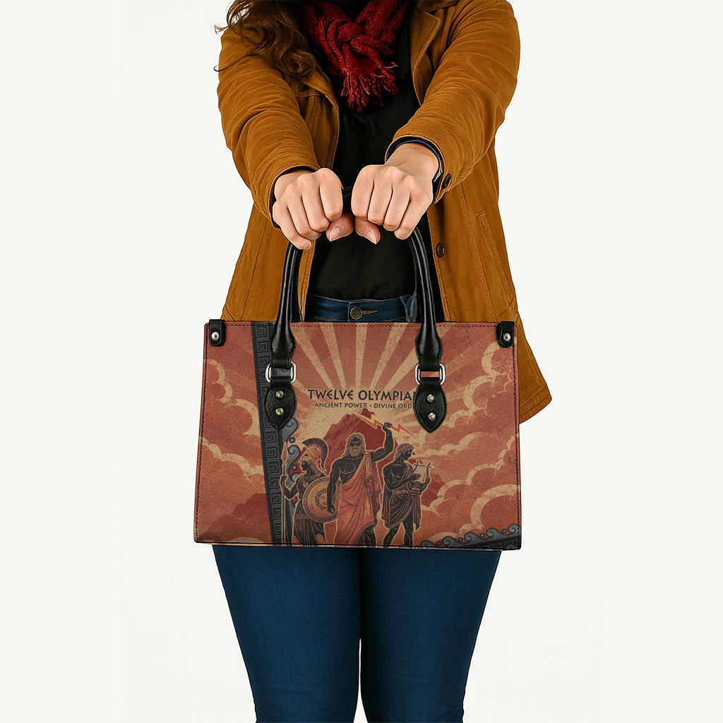 Twelve Olympians Leather Bag Greek Gods Graphic With Greek Amphora Vase And Parthenon Art