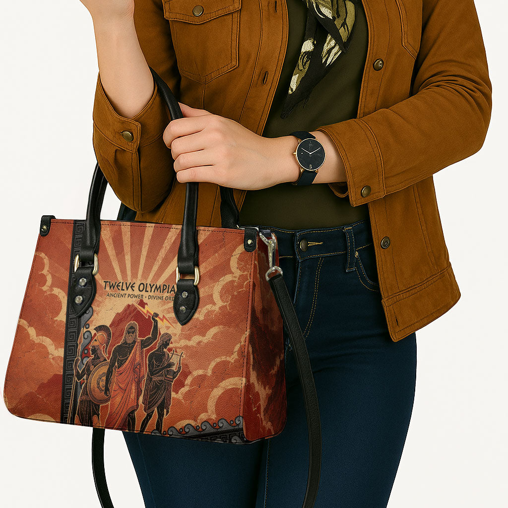 Twelve Olympians Leather Bag Greek Gods Graphic With Greek Amphora Vase And Parthenon Art