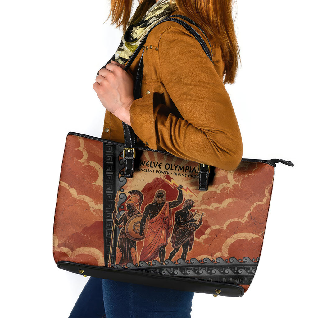 Twelve Olympians Leather Tote Bag Greek Gods Graphic With Greek Amphora Vase And Parthenon Art