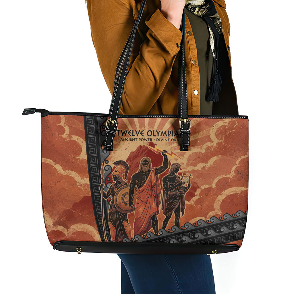 Twelve Olympians Leather Tote Bag Greek Gods Graphic With Greek Amphora Vase And Parthenon Art