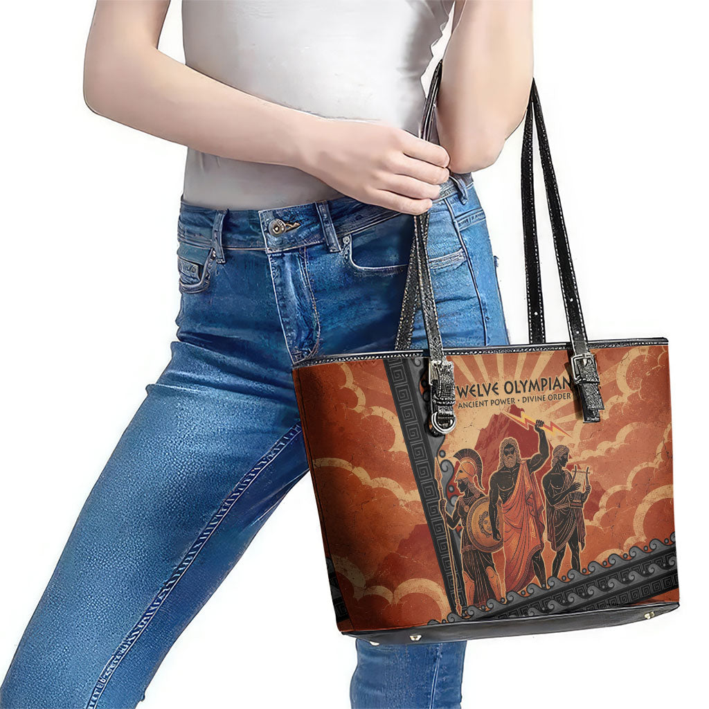 Twelve Olympians Leather Tote Bag Greek Gods Graphic With Greek Amphora Vase And Parthenon Art