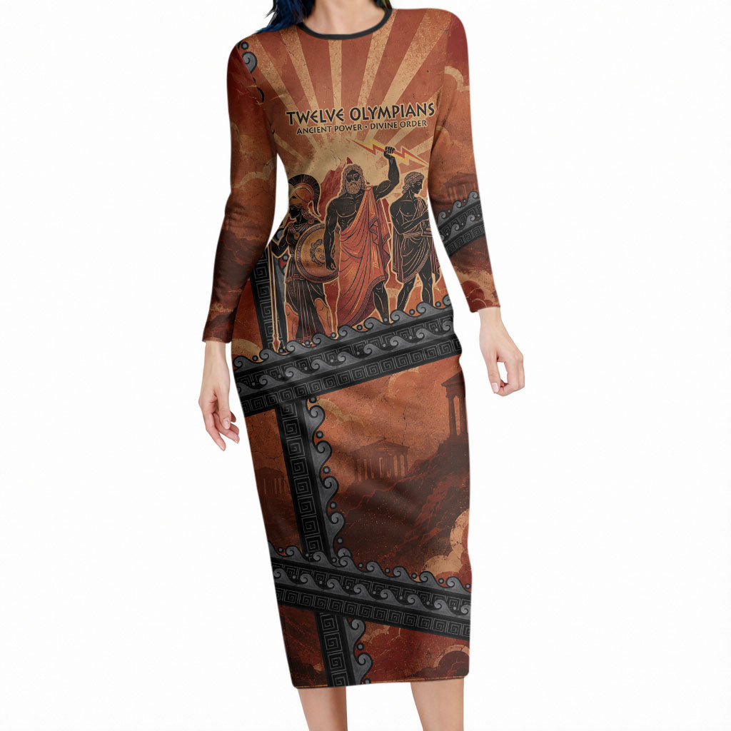 Twelve Olympians Long Sleeve Bodycon Dress Greek Gods Graphic With Greek Amphora Vase And Parthenon Art