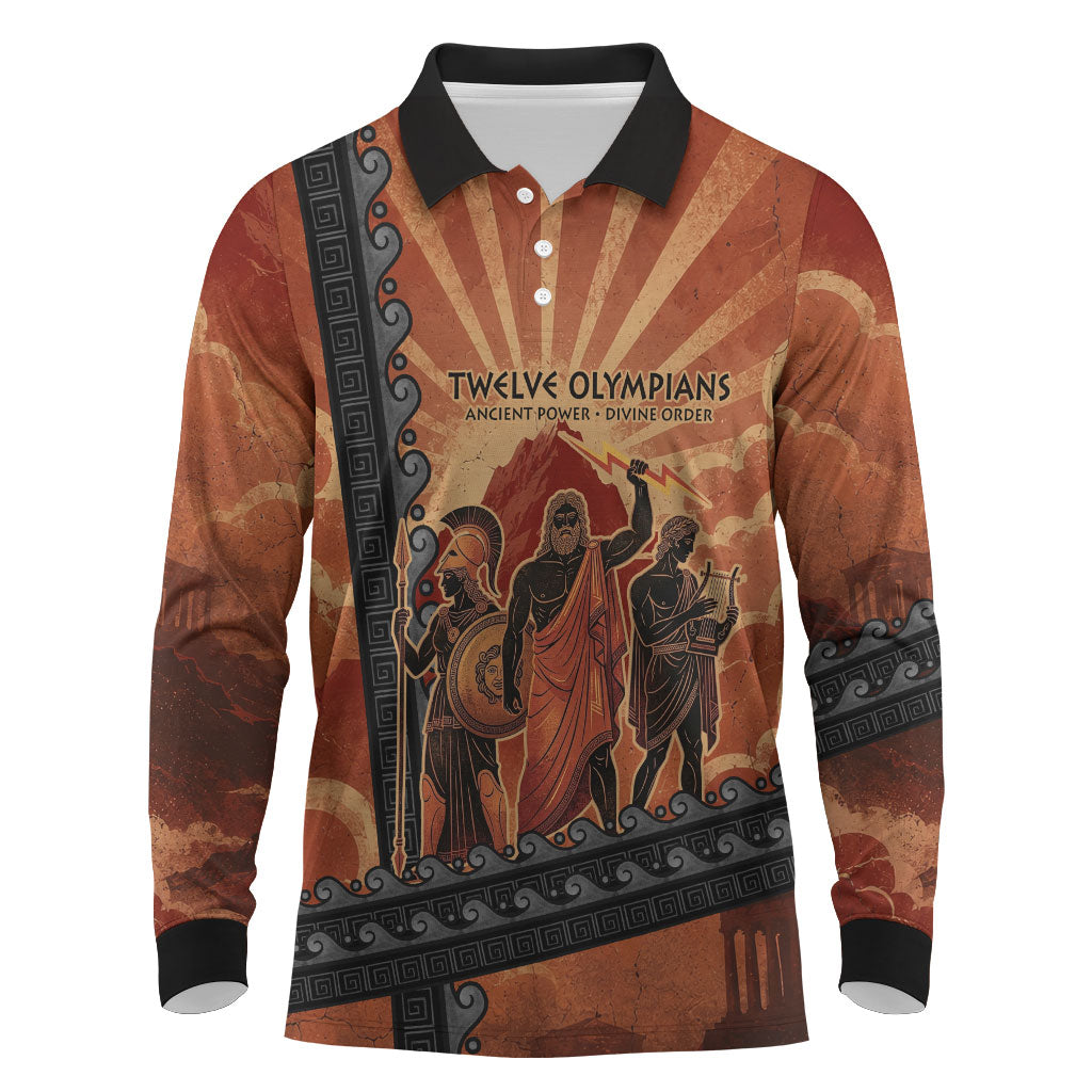 Twelve Olympians Long Sleeve Polo Shirt Greek Gods Graphic With Greek Amphora Vase And Parthenon Art