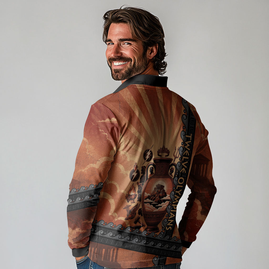 Twelve Olympians Long Sleeve Polo Shirt Greek Gods Graphic With Greek Amphora Vase And Parthenon Art