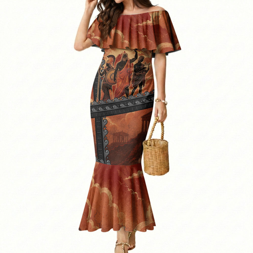Twelve Olympians Mermaid Dress Greek Gods Graphic With Greek Amphora Vase And Parthenon Art