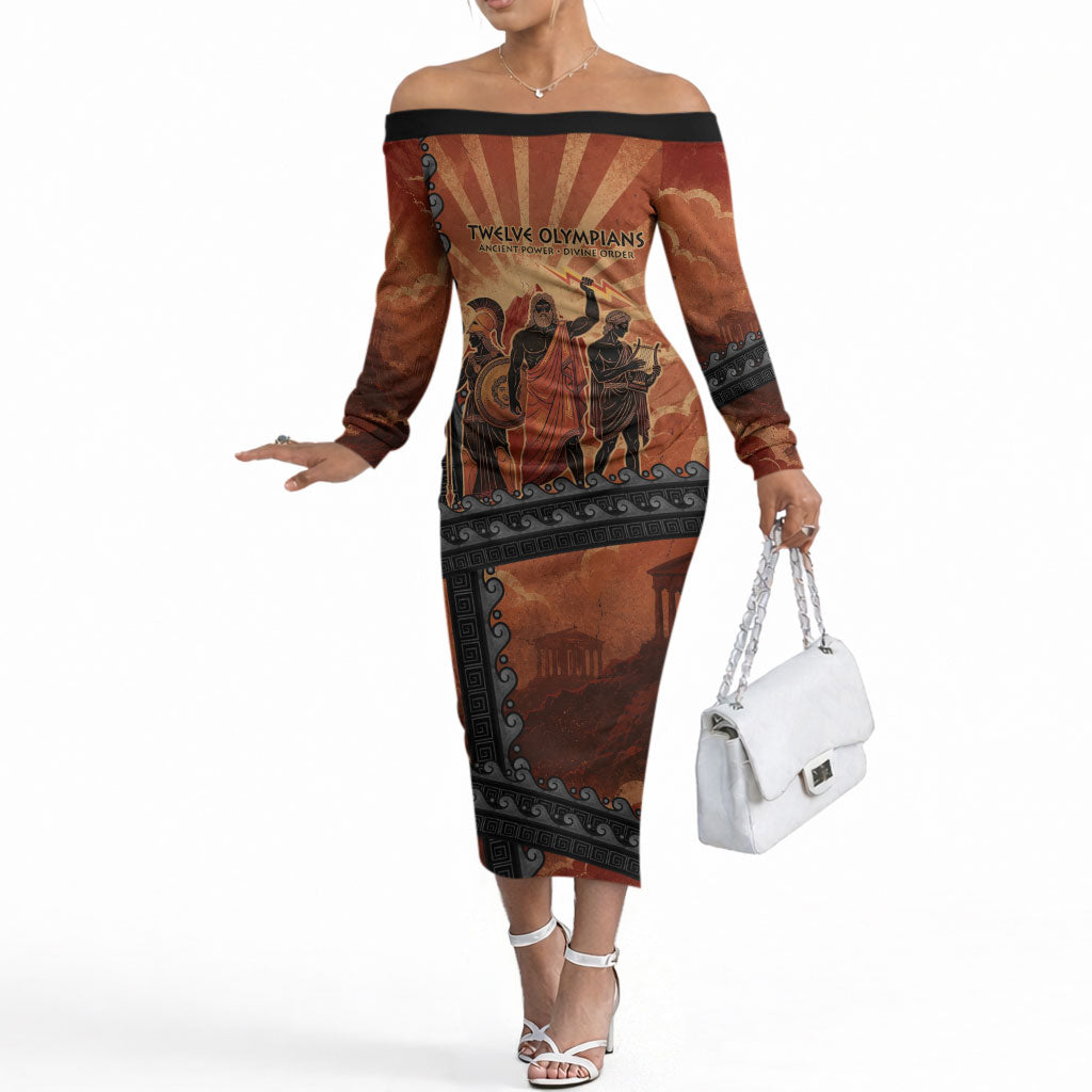 Twelve Olympians Off The Shoulder Long Sleeve Dress Greek Gods Graphic With Greek Amphora Vase And Parthenon Art