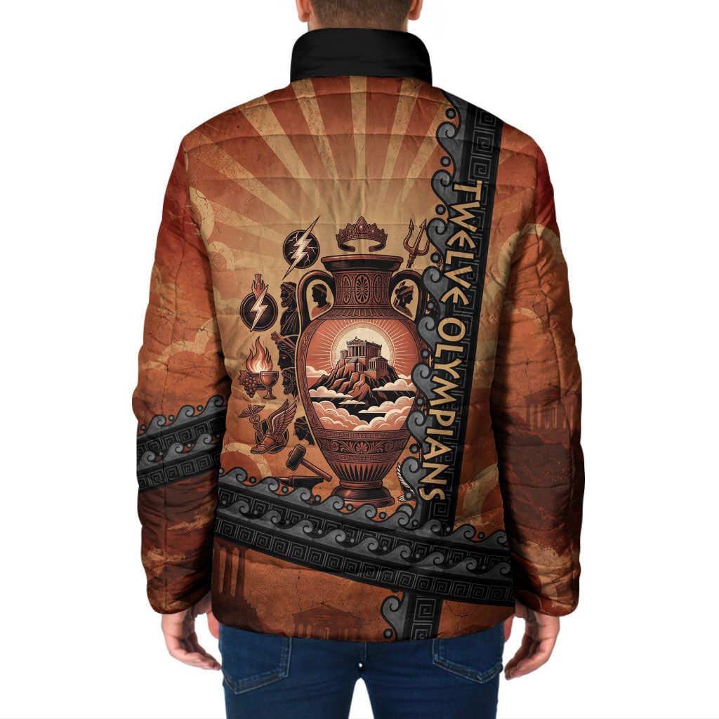 Twelve Olympians Padded Jacket Greek Gods Graphic With Greek Amphora Vase And Parthenon Art