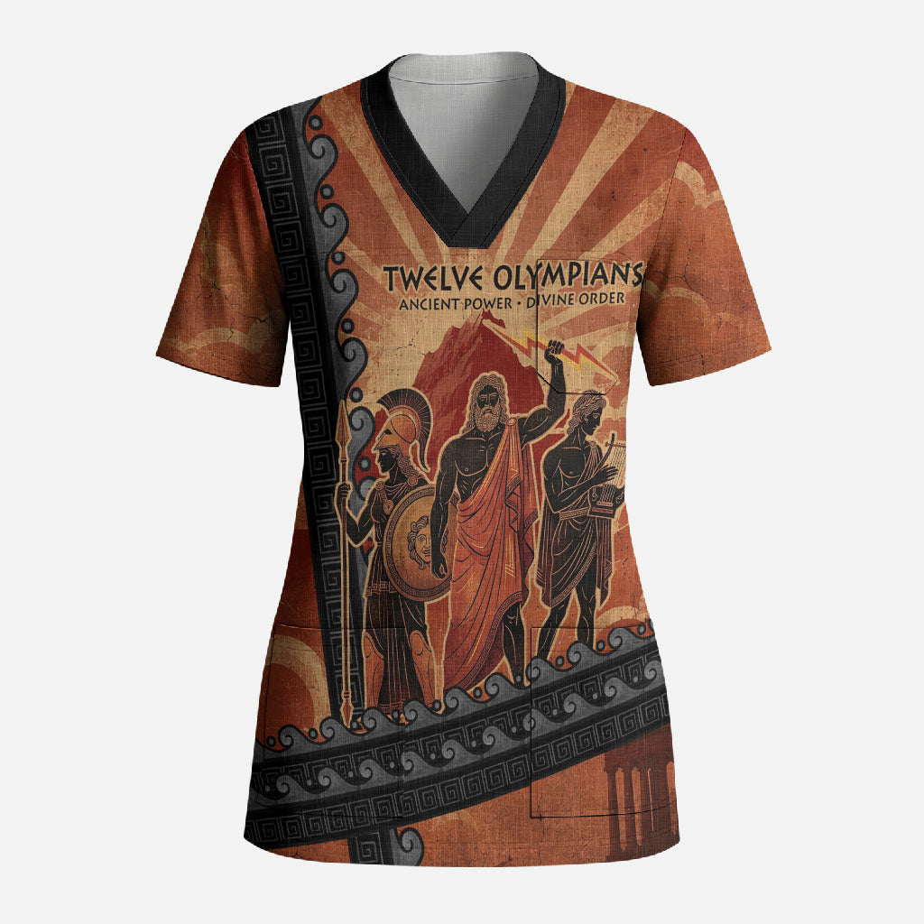 Twelve Olympians Scrub Top Greek Gods Graphic With Greek Amphora Vase And Parthenon Art